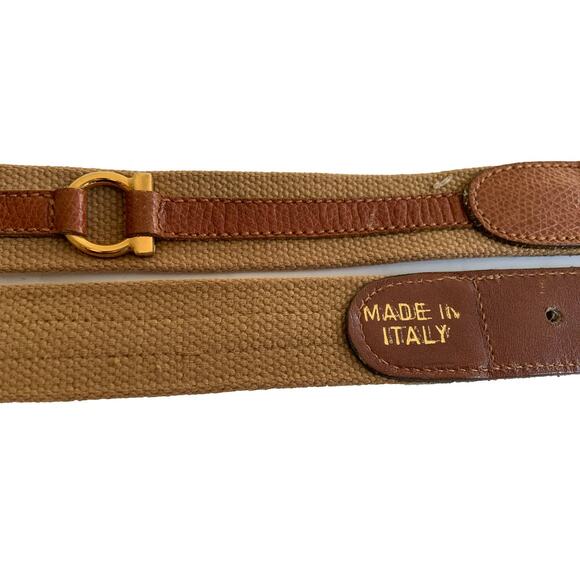 Vtg Made In Italy Frame Style Buckle Brown Belt Fabric Leather Casual Size 28 - Picture 2 of 7